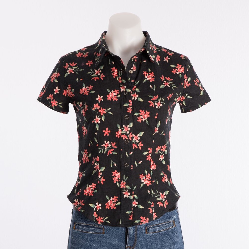 Henri Bendel Vintage Black Floral Short Sleeve Button Front Top Size US XS